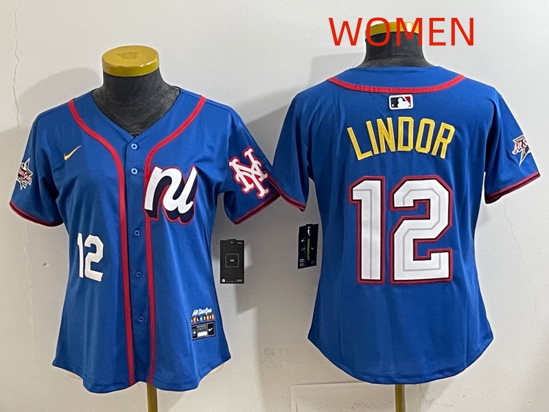 Women  2025 New York Mets #12 Lindor Blue All star Nike MLB Jersey style 003->women mlb jersey->Women Jersey